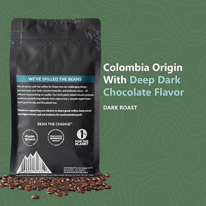 Peak State BRAIN SUSTAIN Coffee - Dark Roast - Whole Bean Lion's Mane Mushroom Coffee - Mold Free, Mycotoxin Free, Organic, Non-GMO, Low Acid (12 oz, Whole Bean)