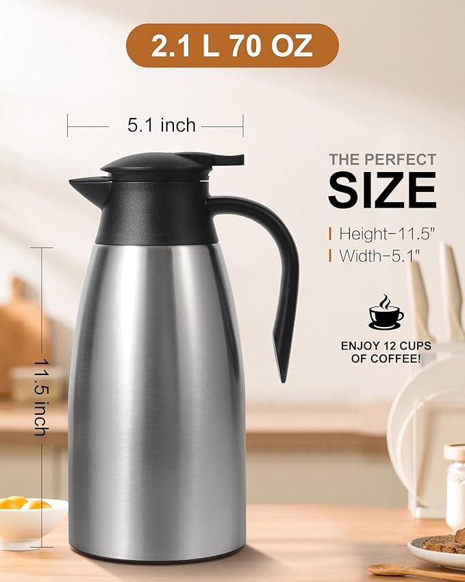 70Oz Thermal Coffee Carafe for keeping hot, 2 PCS Updated Carafe for hot liquid, Insulated Coffee Carafe Stainless Steel Thermal Pot for Coffee, Hot Water,Keep Hot 12 Hours (silver+silver)