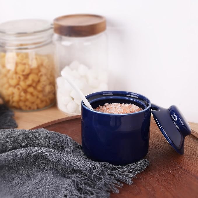 HAOTOP 8 oz Sugar Bowl with Lid and Spoon,Ceramic Sugar Jar Sugar Dispenser Sugar Container Coffee Bar Accessories, Kitchen Countertop Canisters (Navy)