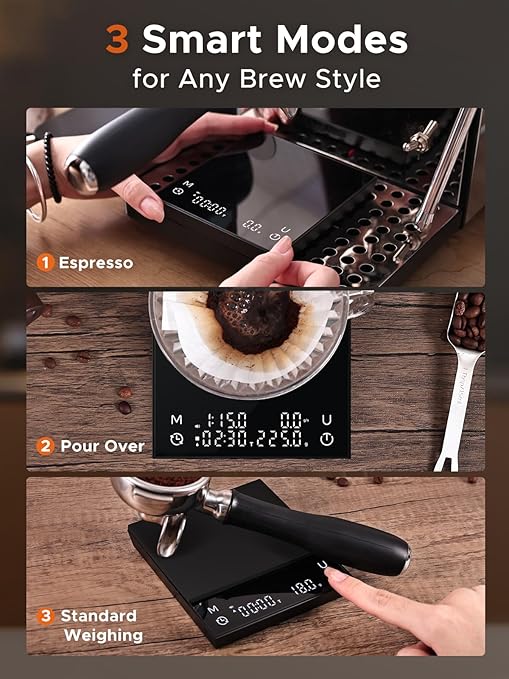 Metal Coffee Scale with Auto Timing, Rechargeable Espresso Scale with Timer, Ratios & Flow Rate Display, 3 Brew Modes, Barista-Grade for Pour-Over, Espresso, French Press – 2kg/0.1g, Black