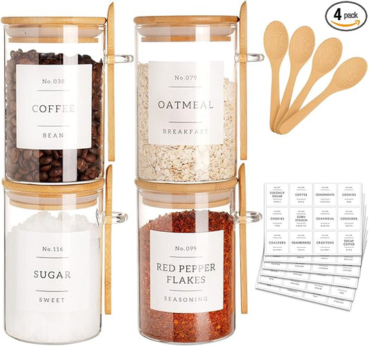 Glass Jar with Bamboo Lid and Spoon - 4 Pcs 17 oz Sugar Container with 132 Food Pantry Labels - Glass Containers with Wooden Lids Hold Coffee, Tea, Candy