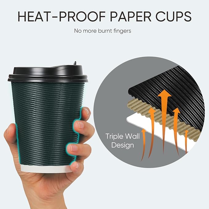 100 Pack 12 oz Disposable Coffee Cups with Lids and Straws, Insulated Ripple Wall To Go Paper Corrugated Cups, Bulk for Hot/Cold Drinks, Cafe Bar, Office, Chocolate, Cocoa (Black)