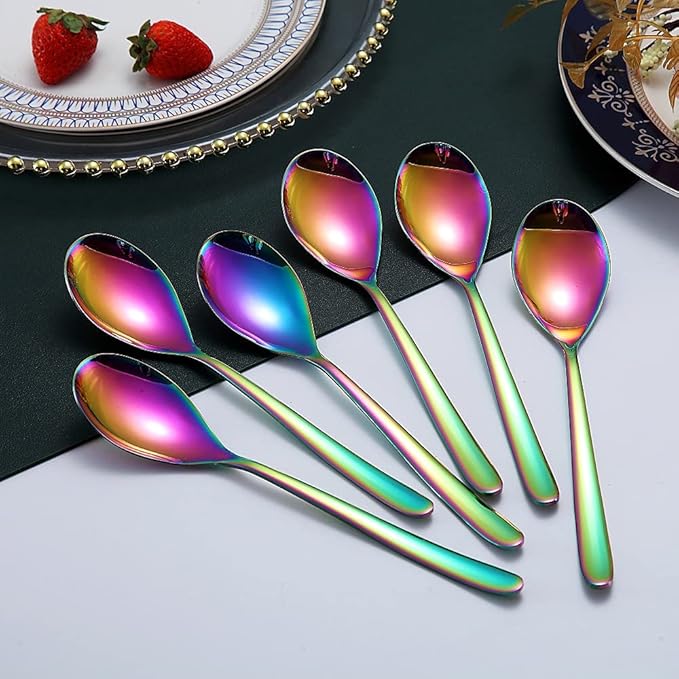 Rainbow Dinner Spoons 6 Piece, 8.1'' Stainless Steel Tablespoons, Soup Spoons, Dessert Spoons, Spoons Silverware for Home, Kitchen or Restauran,Dishwasher Safe