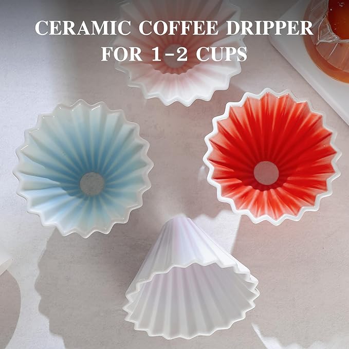 Bincoo Ceramic Coffee Dripper,Pour Over Coffee Dripper with Wood Stand, Flower-shape for 1-2 Cups Slow Brewing Maker for Home Cafe (Purple)