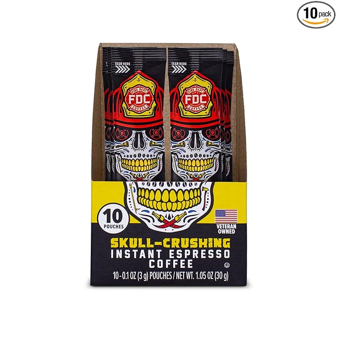 Fire Department Coffee - Skull Crushing Instant Espresso Coffee - Instant Coffee Packets Single Serve - Gives Back to Firefighters - Veteran Owned - Enjoy Hot or Cold (Pack of 10)