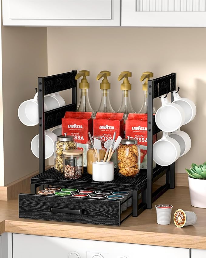 Evermagin Coffee Pod Drawer for K Cup, 35 Pods K-Cup Holder Organizer with Cup Holder, Durable Coffee Maker Stand with Storage Drawer, Black