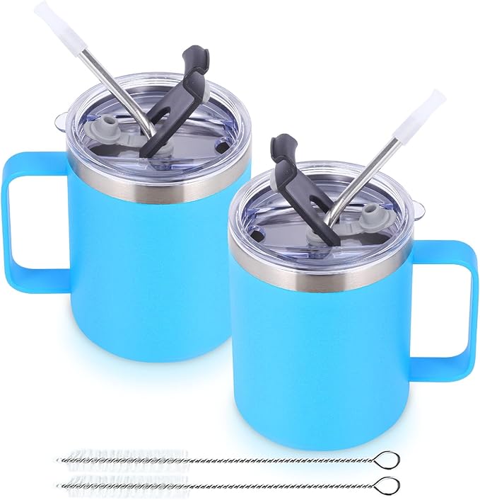 Volhoply 12oz Insulated Leakproof Coffee Mug with Flip & Straw Lid Bulk 2 Pack,Double Wall Vacuum Stainless Steel Travel Tumbler Cup with Handle,Reusable Camping Mugs Keep Cold/Hot(Blue,2 Set)