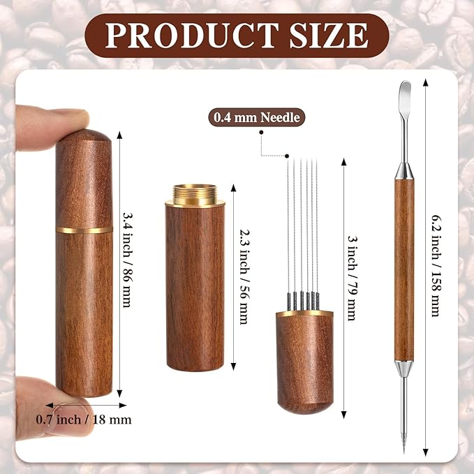 Espresso Coffee Stirrer 6 Needles, Espresso Distribution Tool with Natural Wood Handle and Base, Stainless Steel Latte Art Pen Barista Tools Espresso Accessories Kit for Home Cafe
