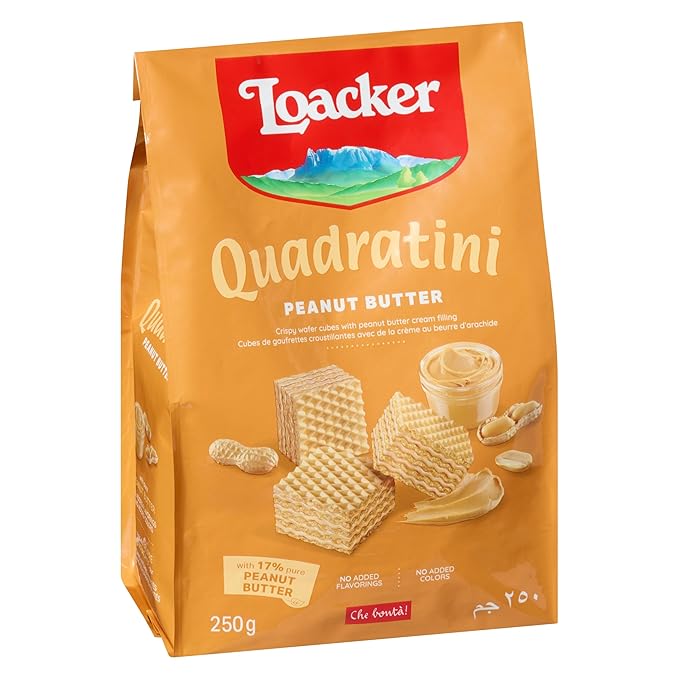 Loacker Quadratini Peanut Butter bite-size Wafer Cookies - 30% Less Sugar - Premium Crispy Wafers with Peanut Butter cream filling - great for snacks & desserts- Non GMO - LARGE Snack Bag 250g/8.82oz