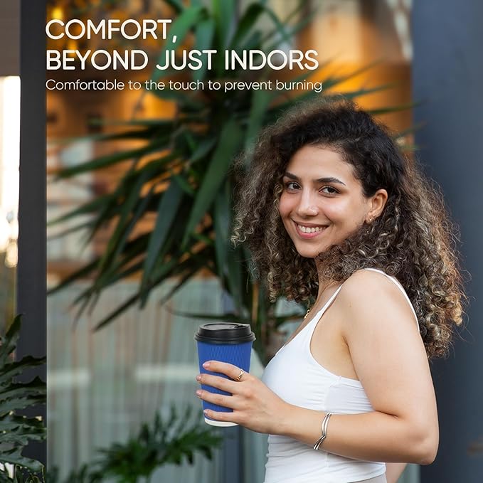 100 Pack 16 oz Disposable Coffee Cups with Lids and Straws, Insulated Ripple Wall To Go Paper Corrugated Cups, Bulk for Hot/Cold Drinks, Cafe Bar, Office, Chocolate, Cocoa (Navy)