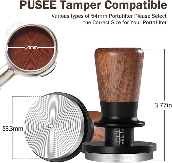 PUSEE 53.3mm Espresso Tamper, Calibrated Tamper with 30lbs Double Spring Loaded Tamper Walnut Wood Coffee Tamper for Barista Home,Stainless Steel Base Tamper Espresso Tool Fits 54mm Portafilters