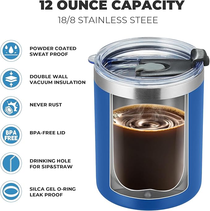 MEWAY 12 oz Lowball, Tumbler Stainless Steel Double Wall Vacuum Insulated Mug with Straw and Lid, Cleaning Brush ，Durable Powder Coated Insulated Coffee Cup for Cold & Hot Drinks (Navy,4 pack)
