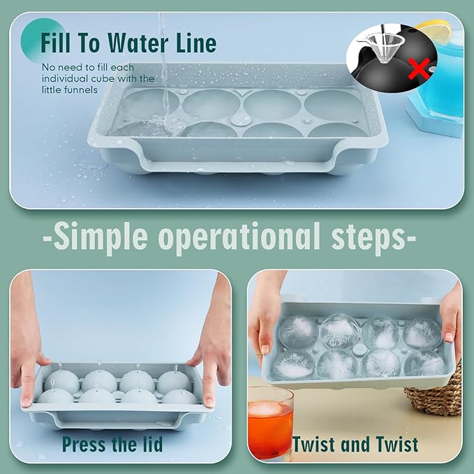 WIBIMEN Large Ice Cube Molds, Big Round Whiskey Ice Cube Trays for Freezer, Easy to Fill & Release, Whiskey Bourbon Cocktail(2.5In*8 Balls- Blue/2 Pack)