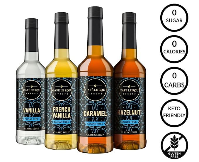 Four bottles of Café Le Rou sugar-free syrup flavors vanilla, french vanilla, caramel, and hazelnut with keto and gluten-free labels