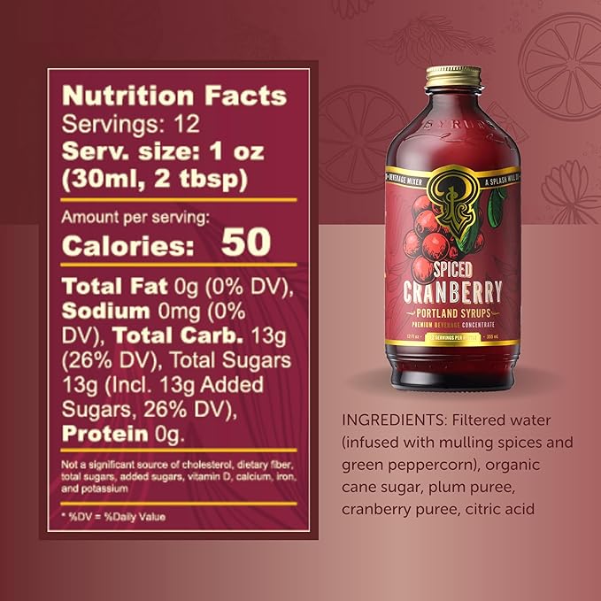 Portland Syrups Spiced Cranberry Syrup - Drink Mixer for Crafting Cocktails, Mocktails, & Seasonal Beverages - Flavor Enhancer for Soda, Punch, and Mulled Drinks - 12 oz Bottle, 24 Servings, Pack of 2