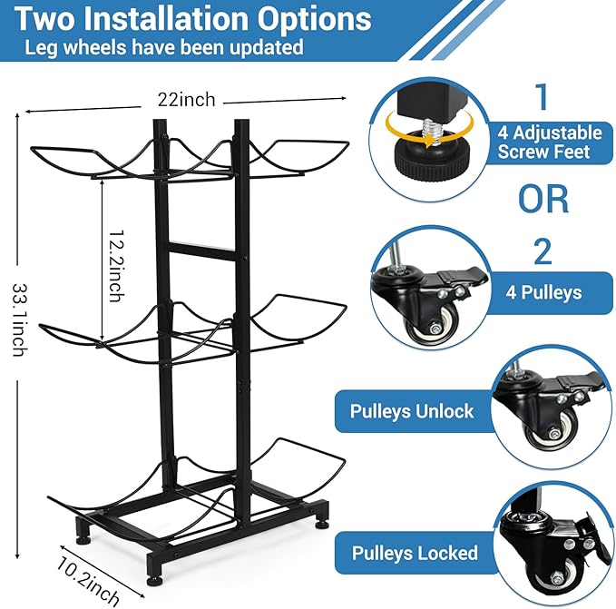 5 Gallon Water Jug Holder with 4 Wheels, Movable Heavy Duty Foldable Water Jug Stand 3-Tier 5 Gallon Water Bottle Holder Water Cooler Jug Storage Rack for 6 Bottles(Black)