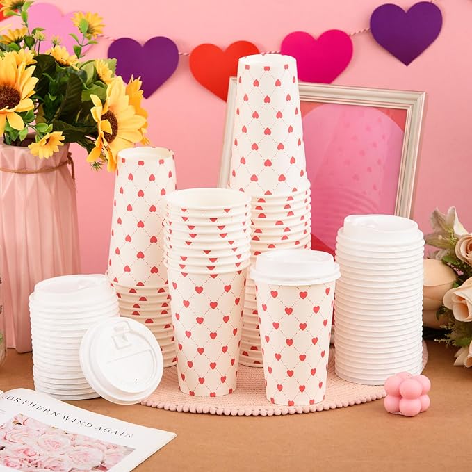 FOBSME 50 Pcs Valentine Disposable Coffee Cups With Lids 16oz Red White Love Heart Paper Cups Valentine Party Drinking Cups for Wedding Anniversary Party Supplies