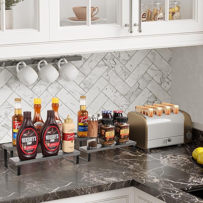 YINMIT Wooden Display Riser Stand, Tiered Perfume and Cologne Organizer Stand, 2 Tier Spice Rack Organizer, Rustic Display Shelf for Candles (2 Tier,2Pack,Grey)