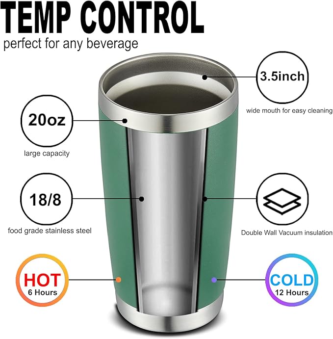 COMOOO 20oz Double Wall Vacuum Insulated Travel Mug, Stainless Steel Tumbler with Lid and Straw Durable Powder Coated Insulated Coffee Cup for Cold & Hot Drinks（Dark Green, 6 Pack