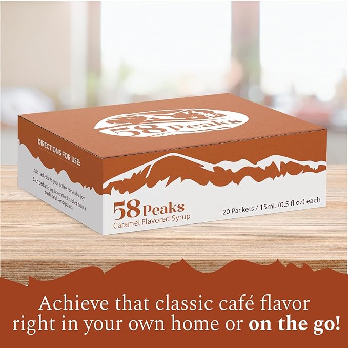 58Peaks Caramel Flavored Syrup Sweetener Packets for Hot and Cold Drinks | To-Go Syrup Flavoring Perfect for Coffee, Tea, Milkshake and More | Flavored Coffee Syrups for Travel | 15mL | 20-Pack