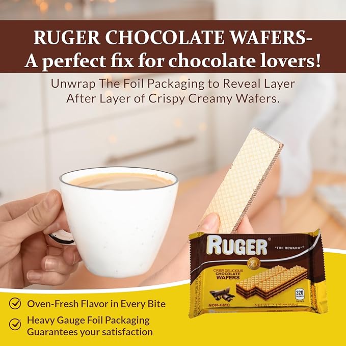 Ruger Wafers Austrian Chocolate Wafers, 2.125 Ounce (Pack of 12) - Crisp, Creamy, Delicious Chocolate Treats with Natural Ingredients and Extended Shelf Life, Perfect for Snacking, Desserts, and Anytime Indulgence