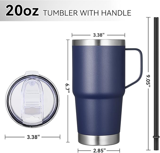VEGOND 20 oz Tumbler Bulk with Handle Lid and Straw, Stainless Steel Insulated Travel Coffee Mug Set, Spill Proof Double Wall Metal Tumblers Cups, Powder Color Navy Blue 12 Pack