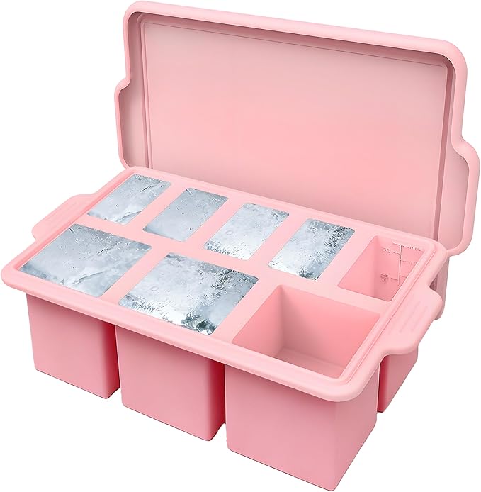 Silicone Ice Cube Tray with Lid 8-Cavity Reinforced Steel Frame Ice Cube Trays Easy Release BPA-Free Makes 3 Large Square & 5 Small Rectangular Ice Trays for Cocktails Whiskey Coffee,Pink