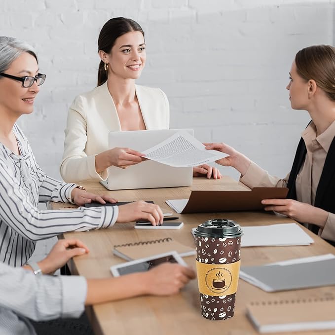 JOLLY PARTY Disposable Coffee Cups with Lids, Sleeves and Straws - 20oz(50 Pack) Paper Cups with Lids, Hot Coffee Cups for Shops, Cafes, and Concession Stands(Dark Brown)