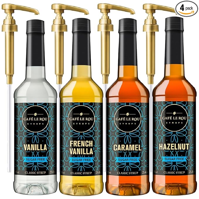 Cafe Le Rou sugar free classic syrup bottles in vanilla, french vanilla, caramel, and hazelnut flavors with gold pumps