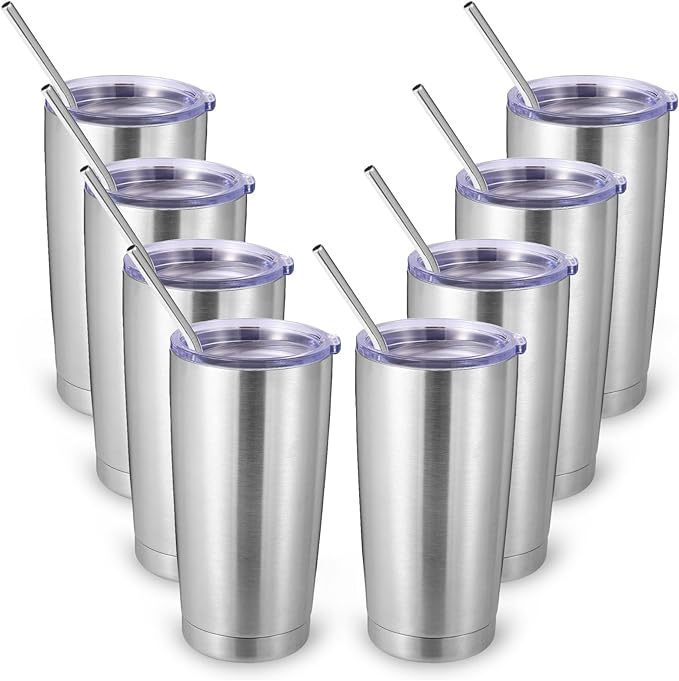 Volhoply 20oz Stainless Steel Tumbler with Lid and Straw Bulk 8 Pack,Double Wall Insulated Travel Iced Coffee Mug Fits Cup holder,Powder Coated Cups for Hot/Cold Drinks,Gifts for Women（Silver,8 Set）