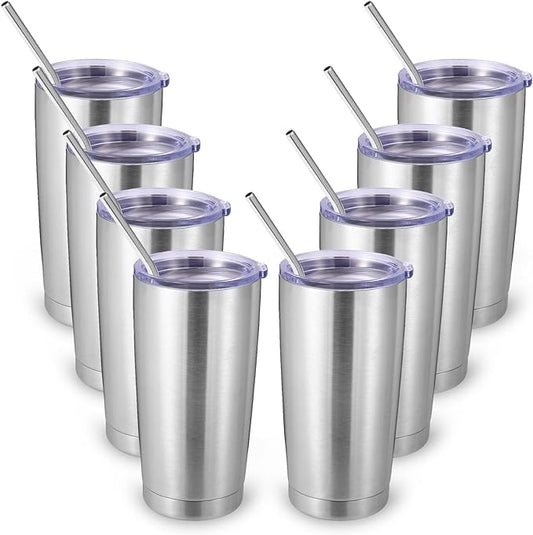 Volhoply 20oz Stainless Steel Tumbler with Lid and Straw Bulk 8 Pack,Double Wall Insulated Travel Iced Coffee Mug Fits Cup holder,Powder Coated Cups for Hot/Cold Drinks,Gifts for Women（Silver,8 Set）