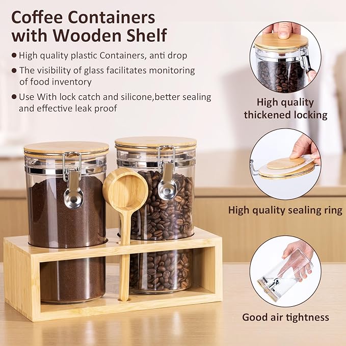 Yangbaga 2Pcs Coffee Sugar Canisters with Shelf, 38OZ Plastics Storage Containers for Ground Coffee Bean Storage with Lid Airtight Locking Clamp and Coffee Scoop, Food Storage Jar for Kitchen