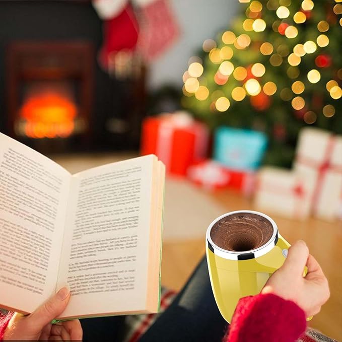 CYANLUX Self Stirring Mug, Automatic Magnetic Stirring, Stainless Steel Electric Mixing Cup with Lid, Milk, Tea (Yellow); Rechargeable