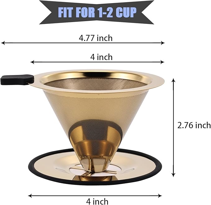 Small Size Pour Over Coffee Dripper, Stainless Steel Metal Cone Drip Coffee Filter, Paperless and Permanently Reusable, Double Mesh Coffee,TeaFilter for 1-2 Cups