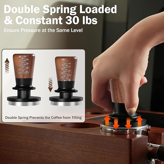 PUSEE 51mm Espresso Tamper, Calibrated Tamper with 30lbs Double Spring Loaded Tamper Walnut Wood Coffee Tamper for Barista Home,Stainless Steel Base Tamper Espresso Tool Fits 51mm Portafilters