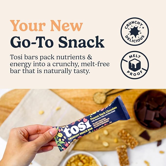 Tosi Nut Bars, Peanut Dark Chocolate, Healthy Snacks for Adults & Kids, Plant Based Crunchy Bars (7G Protein), Organic Keto Snacks, Vegan, Gluten & Soy Free, Low Sugar, Omega 3s, 1oz, 12-Pack