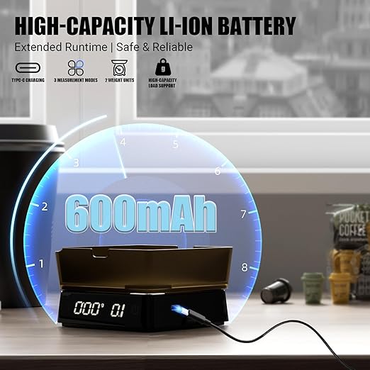 Coffee Scale PRO - 0.1g Precision Digital Rechargeable Espresso Scale with Timer, LED Hidden Screen, Portable Compact for Coffee Beans, Grounds, Baking & Food, Spill-Free Notched Lid for Easy Pouring