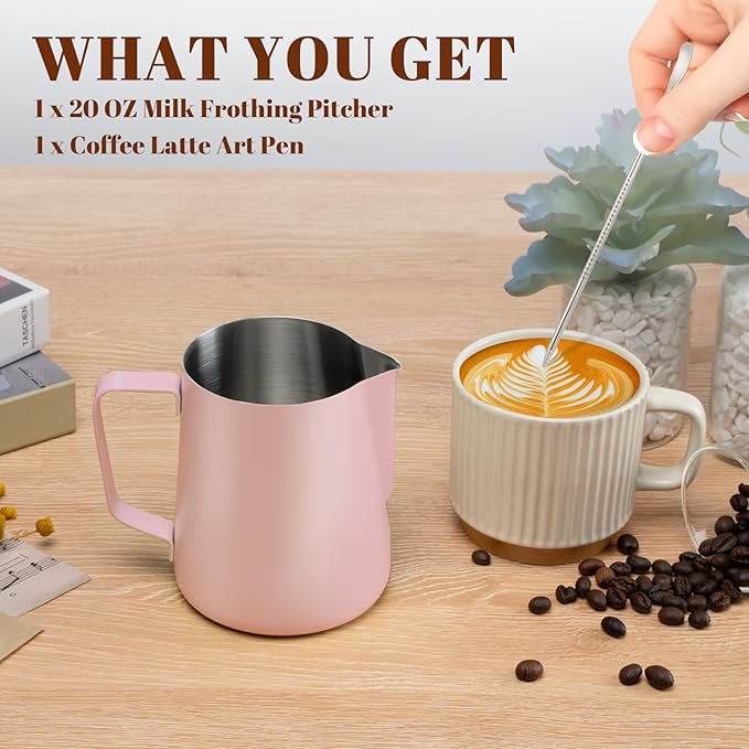 Milk Frothing Pitcher, 20 oz Milk Frother Cup with Clear Scale, 304 Stainless Steel Cappuccino Espresso Machine Accessories for Barista Coffee Bar with Latte Art Pen, Pink