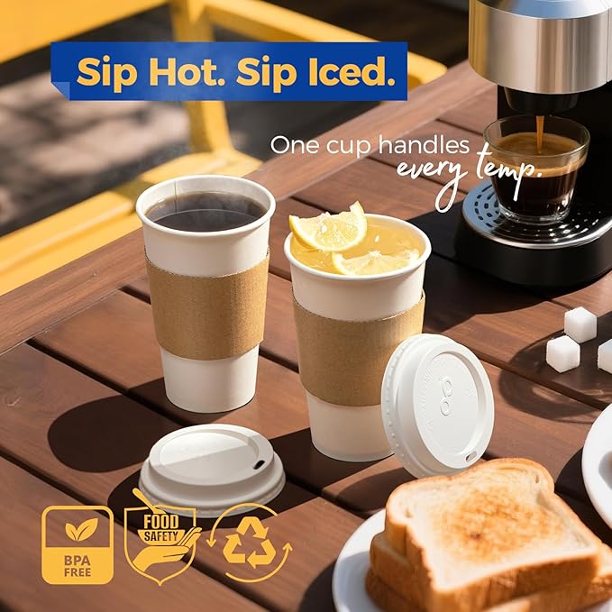Fit Meal Prep 50 Pack 16 oz Disposable Coffee Cups with Lids, Sleeves, Leak-Proof To Go Coffee Cups with Lids, Durable Hot Paper Cups for Home, Office, Party, Business