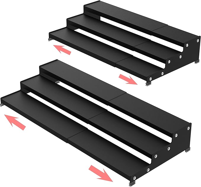Spice Rack Organizer 3 Tier Expandable Display Shelf(12.8"-24.01" W) Non-Skid Heavy Duty Sturdy Metal Iron Alloy Steel Step Racks 2 Packs/Black