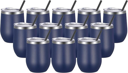 VEGOND Wine Tumblers Bulk 12 Pack, 12oz Stainless Steel Stemless Wine Glass with Lids and Straws, Double Wall Vacuum Insulated Tumbler Cup, Coffee Mug for Cold Hot Drinks