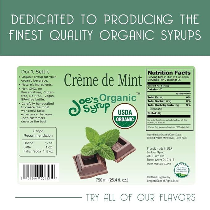 Joe’s Syrup Organic Flavored Syrup, Organic Crème de Mint, 750 ml