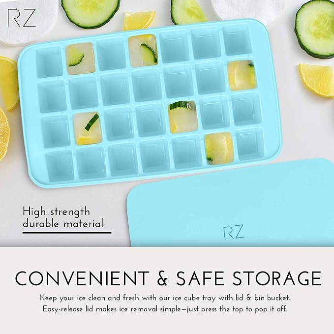 Rachel Zoe 2-Piece Stackable Ice Cube Tray with Bin Set, BPA Free 56 Cubes Ice Tray for Freezer with Bucket, Scoop and Easy Release Lid, for Fruit & Herb Infusions, Cocktails, Iced Coffee Drinks