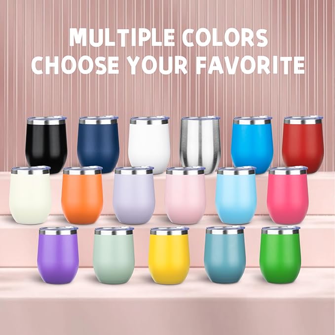12oz/6 Pack Stainless Steel Wine Tumbler with Lid and Straw, Double Wall Vacuum Insulated Wine Tumbler Glasses, Stemless Travel Mugs for Hot and Cold Drinks, Coffee, Wine, Cocktails （Mix Color-2）