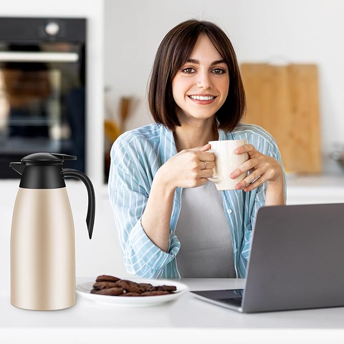 Uiifan 2 Pcs 68oz Thermal Coffee Carafe Insulated Stainless Steel Coffee Carafe for Hot Liquids Double Walled Vacuum Pot Creamer Pitcher Dispenser with Brush for Keeping Milk Tea(Silver, Champagne)