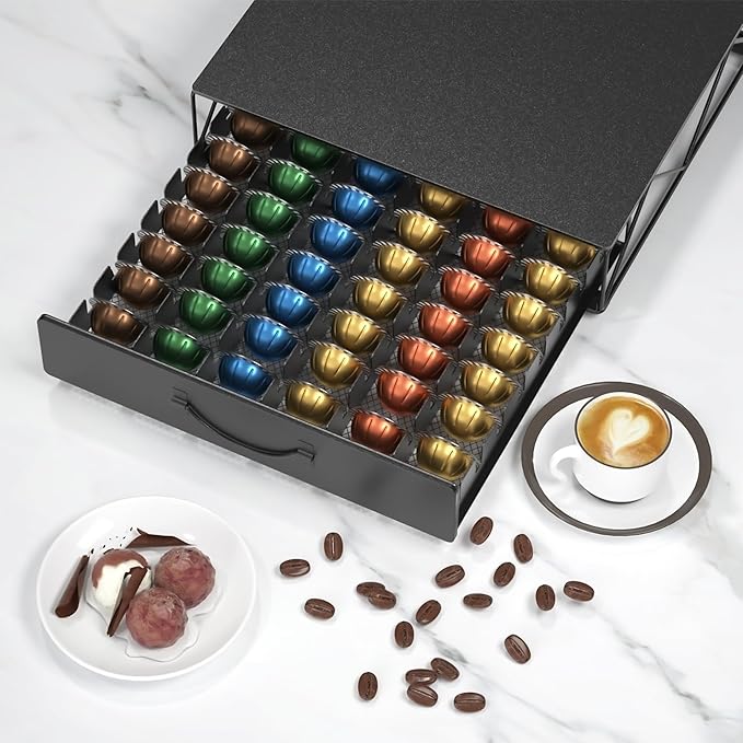 HFHOME Coffee Pod Drawer, 48 Vertuoline Coffee Pods Holder, Pods Storage Drawer Holder for 36 K Cup, Metal Coffee Station for Nespresso Vertuo Capsules for Home Office Counter, Black