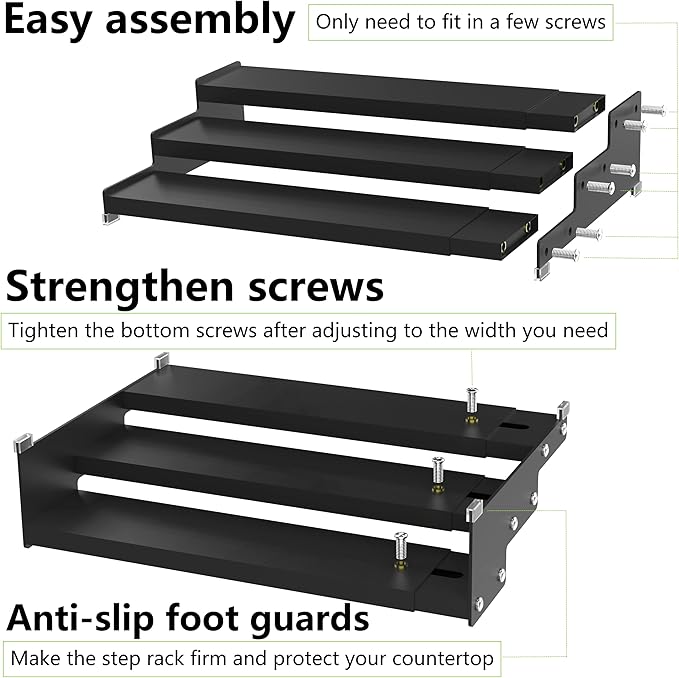 Spice Rack Organizer 3 Tier Expandable Display Shelf(12.8"-24.01" W) Non-Skid Heavy Duty Sturdy Metal Iron Alloy Steel Step Racks 1 Pack/Black