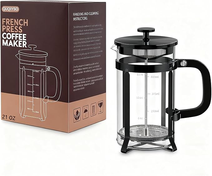 QUQIYSO French Press Coffee Maker 304 Stainless Steel French Press with 4 Filter, Heat Resistant Durable, Easy to Clean, Borosilicate Glass Coffee Press, 100% BPA Free Glass Teapot, 21 ounce, Black