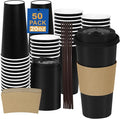 20 oz 50 Pack Coffee Cups with Lids and Sleeves, Straws, Hot Disposable To Go Travel Paper Cups Bulk for Office, Home Coffee Bar Accessories, Chocolate, Cocoa, Beverage (Black)