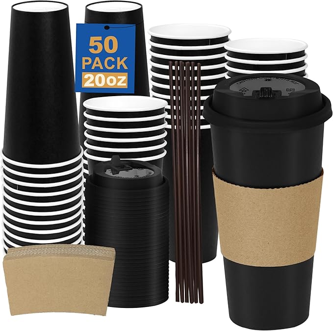20 oz 50 Pack Coffee Cups with Lids and Sleeves, Straws, Hot Disposable To Go Travel Paper Cups Bulk for Office, Home Coffee Bar Accessories, Chocolate, Cocoa, Beverage (Black)